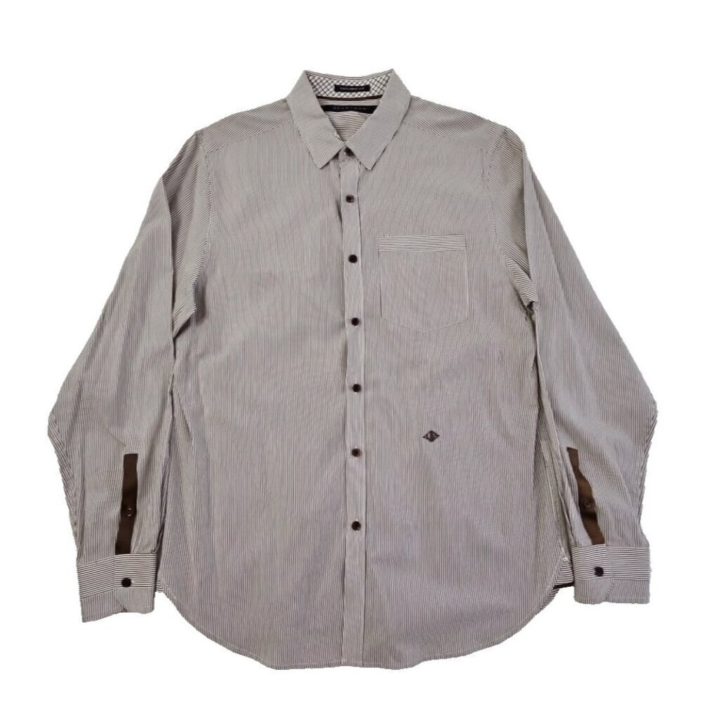 Sean Jean Tailored Fit Shirt Men's L‎ Brown Striped Long Sleeve EUC Button Down